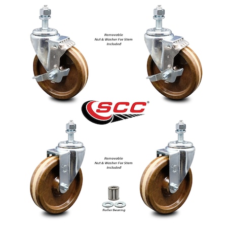 Service Caster 5 Inch High Temp Phenolic Wheel Swivel 1/2 Inch Threaded Stem Caster Brakes, 2PK SCC-TS20S514-PHRHT-121315-2-TLB-2